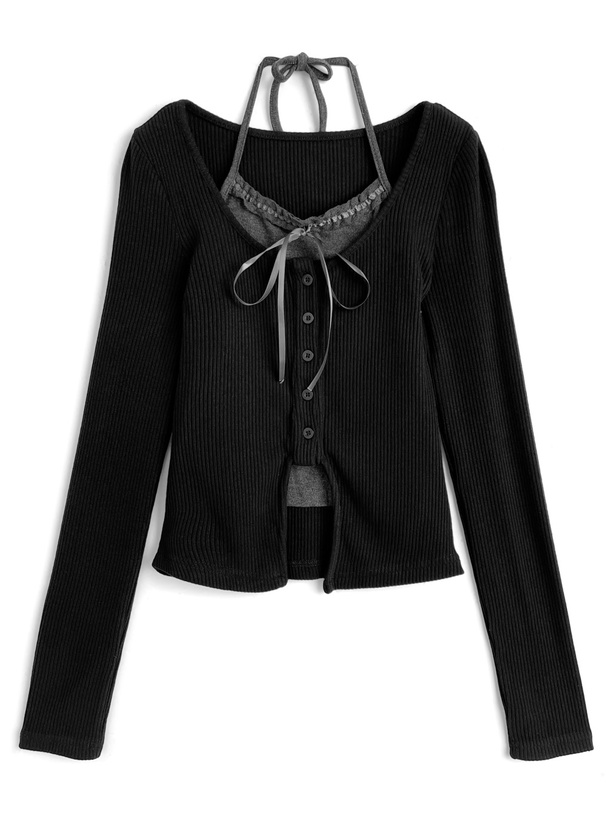 フリルリボンホルターネックレイヤード風リブトップス[ac2591]