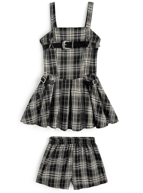 チェック柄ベルトミニワンピース×ショートパンツセットアップ[ac2597