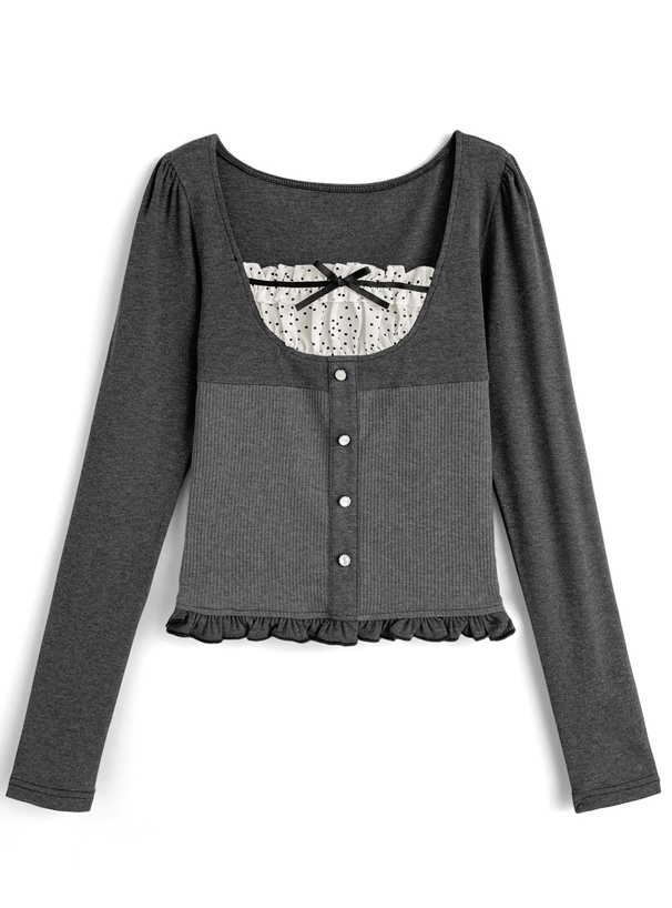 ドット柄フリルリボンレイヤード風トップス