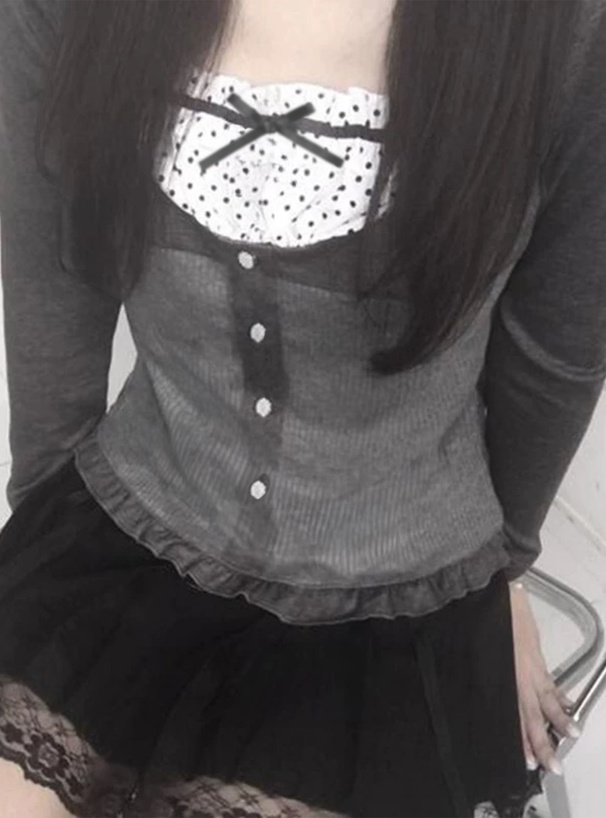 ドット柄フリルリボンレイヤード風トップス