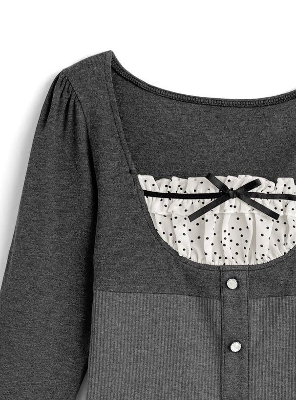 ドット柄フリルリボンレイヤード風トップス