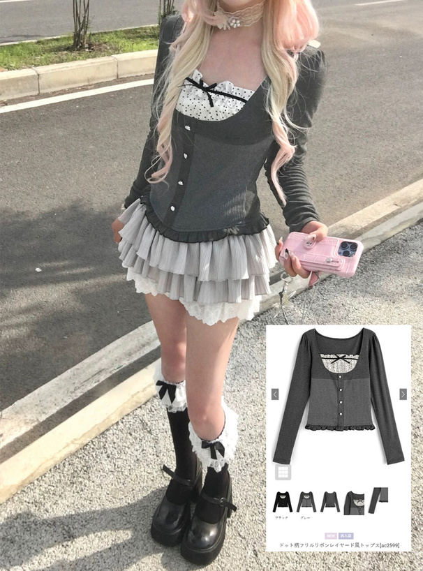 ドット柄フリルリボンレイヤード風トップス