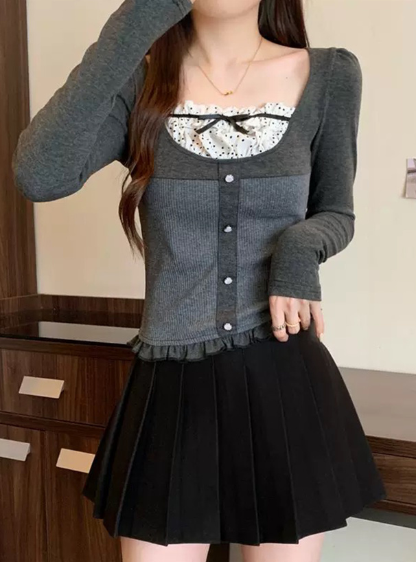 ドット柄フリルリボンレイヤード風トップス