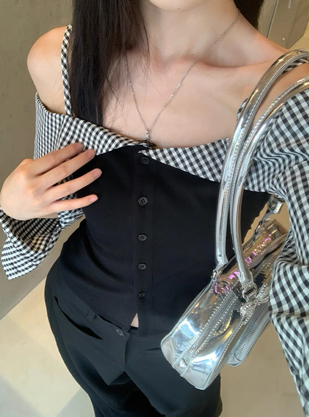 ギンガムチェック柄ドッキングオフショルダートップス[ac2604