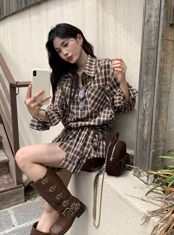 チェック柄デザインロングシャツ[ac2606] | レディースファッション