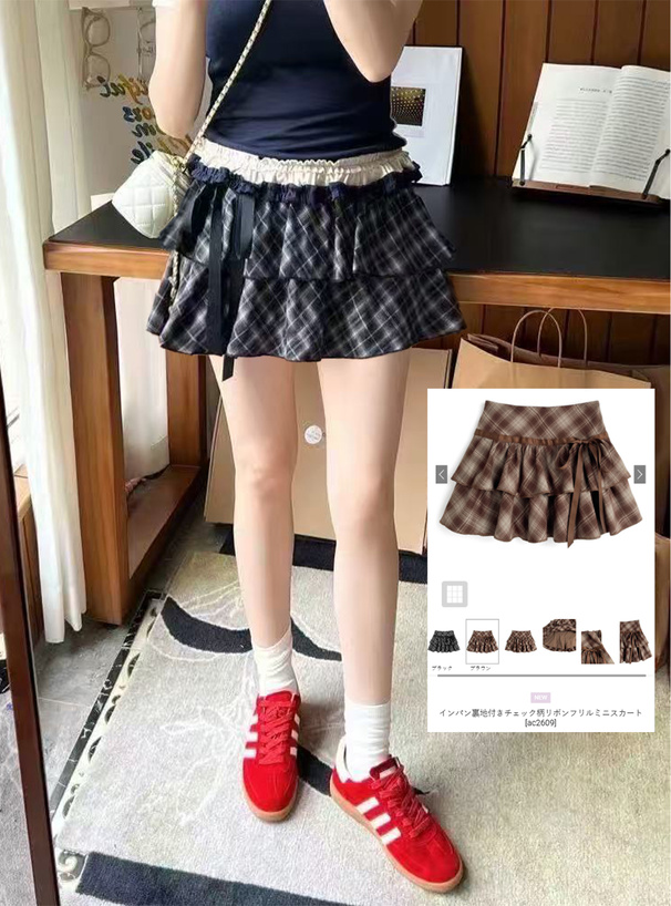 インパン裏地付きチェック柄リボンフリルミニスカート[ac2609