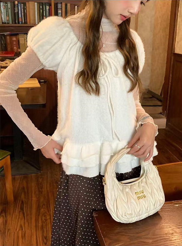 フリルリボントップス×ドット柄シアーメロウトップスアンサンブル