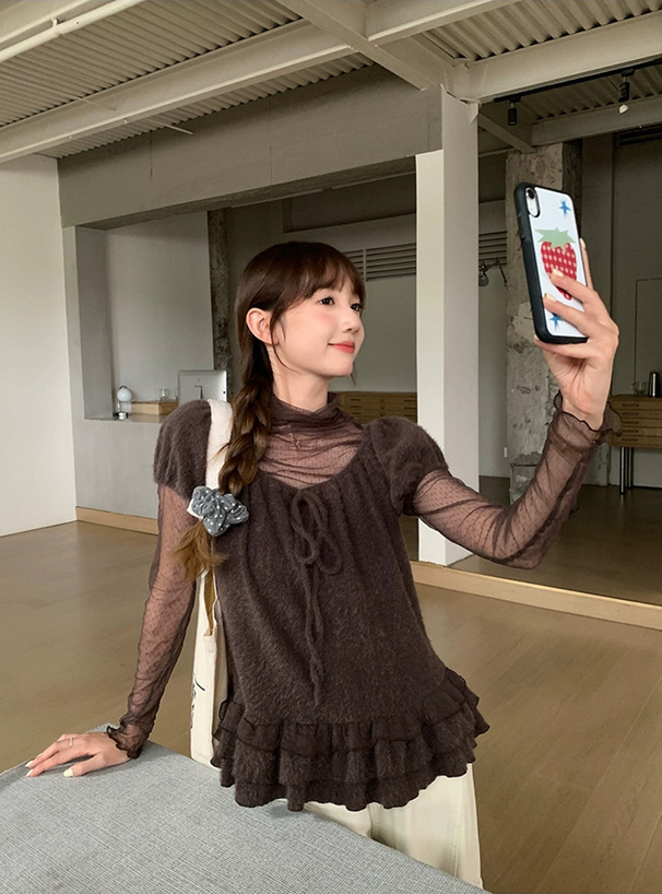 フリルリボントップス×ドット柄シアーメロウトップスアンサンブル