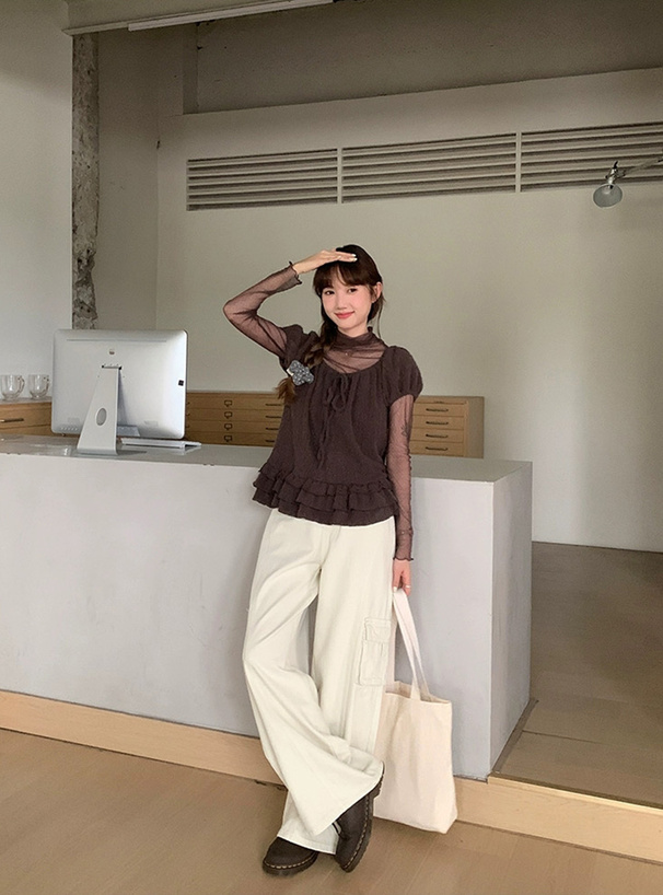 フリルリボントップス×ドット柄シアーメロウトップスアンサンブル