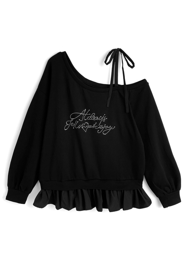 ワンショルダーリボン裾フリルロゴスタッズトップス[ac2612]