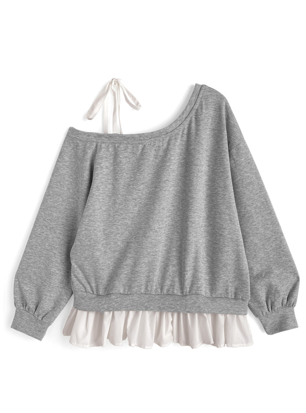 ワンショルダーリボン裾フリルロゴスタッズトップス