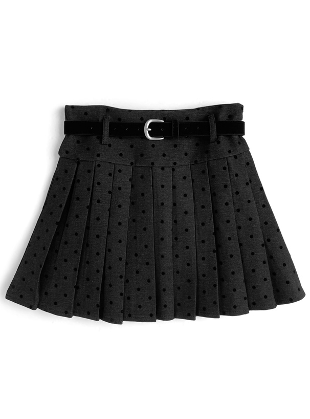 インパン裏地・ベルト付きドット柄プリーツミニスカート