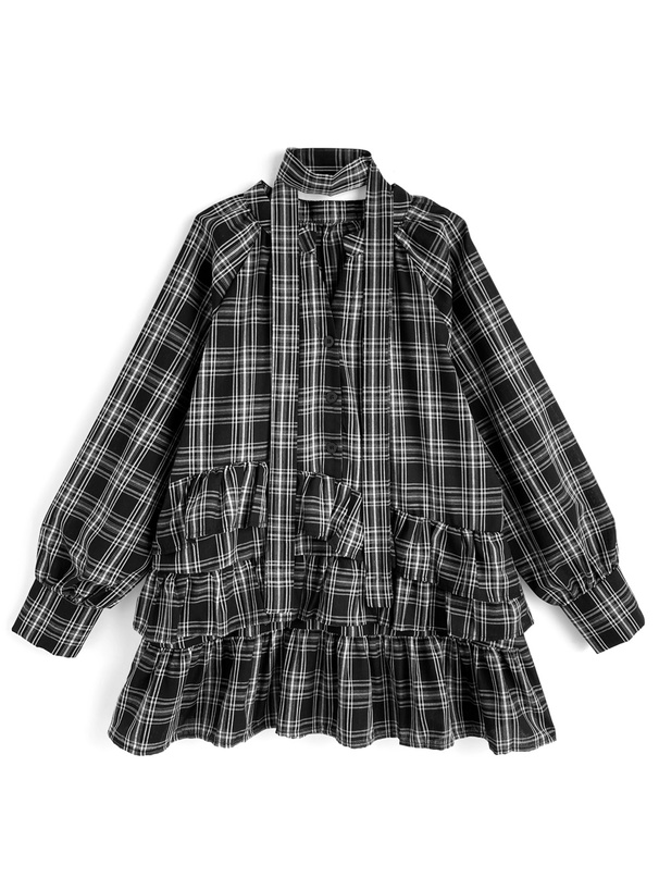 タイ付きチェック柄フリルシャツミニワンピース