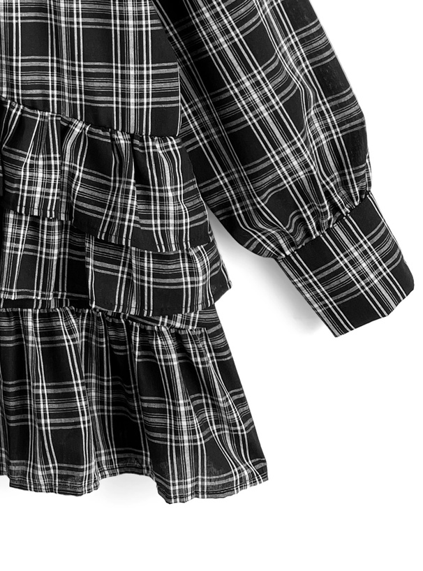 チェック柄フリル長袖ミニワンピース フロントホックティアードミニワンピース – pium