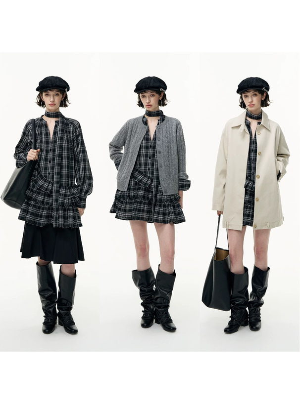 タイ付きチェック柄フリルシャツミニワンピース