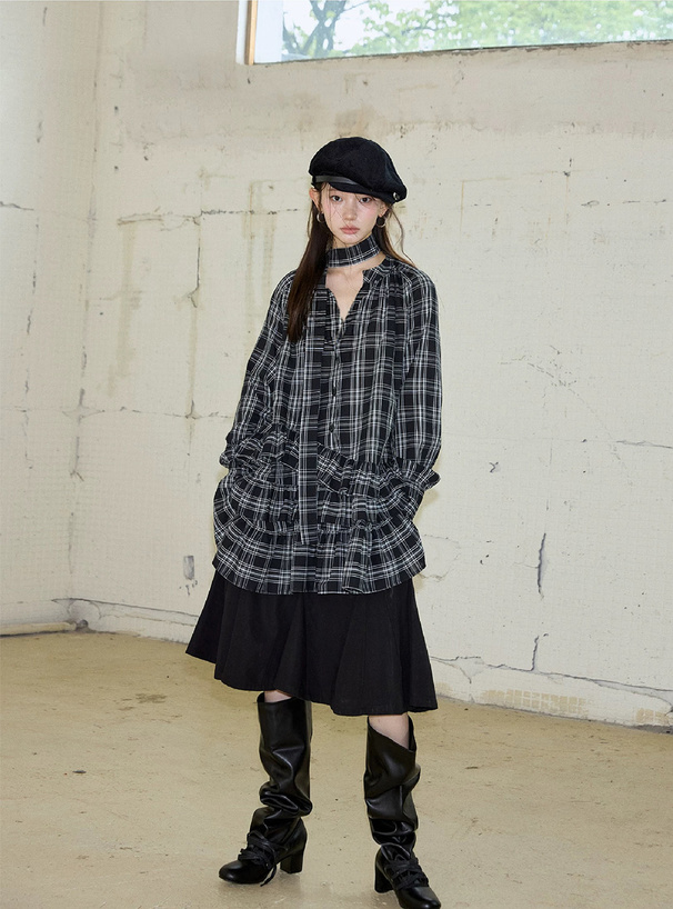 タイ付きチェック柄フリルシャツミニワンピース[ac2618] | レディース