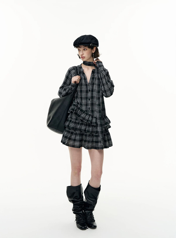 タイ付きチェック柄フリルシャツミニワンピース[ac2618] | レディース