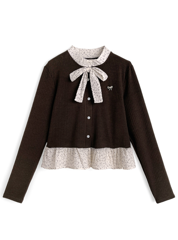 リボン&ブローチ付きドット柄ドッキングカーディガン[ac2623]