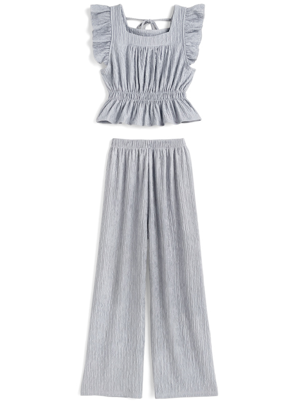 フリルノースリーブトップス×ロングパンツセットアップ