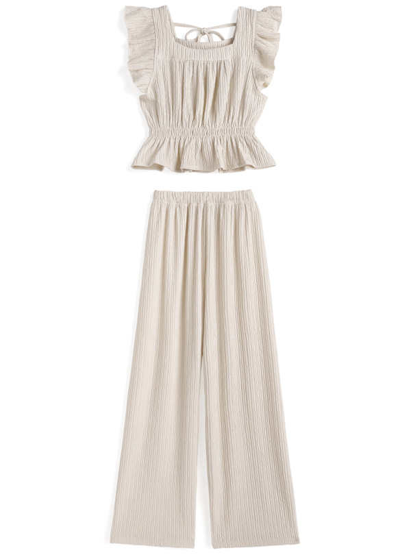 フリルノースリーブトップス×ロングパンツセットアップ