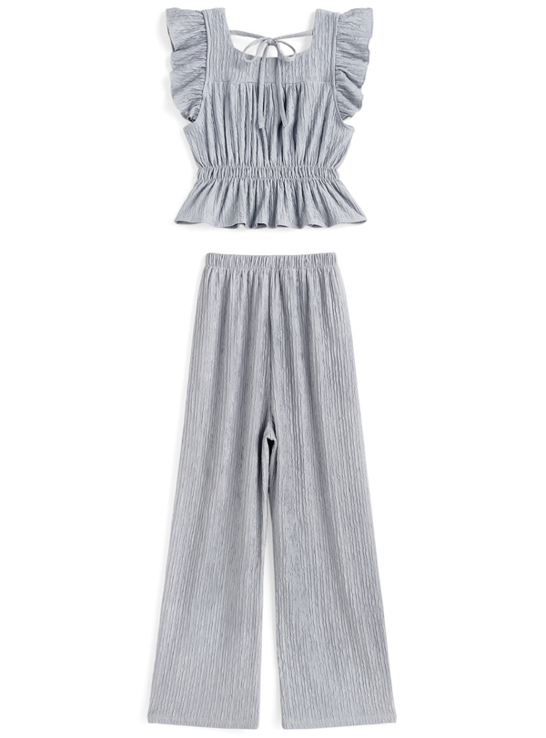 フリルノースリーブトップス×ロングパンツセットアップ