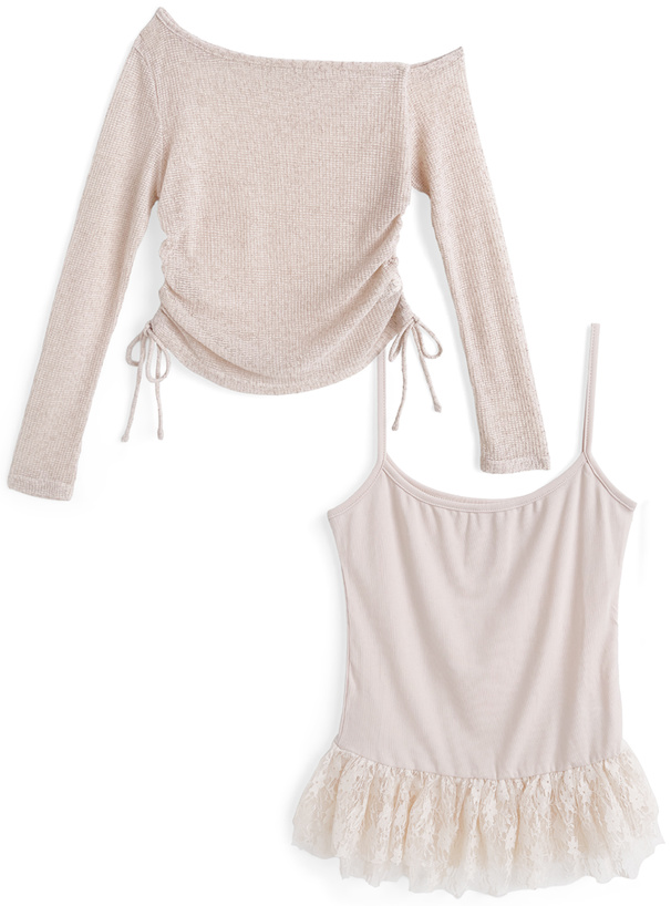 ドロストワンショルダーシアートップス×裾レースキャミソールアンサンブル