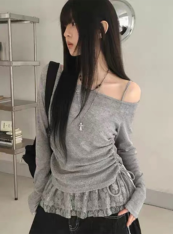 ドロストワンショルダーシアートップス×裾レースキャミソールアンサンブル