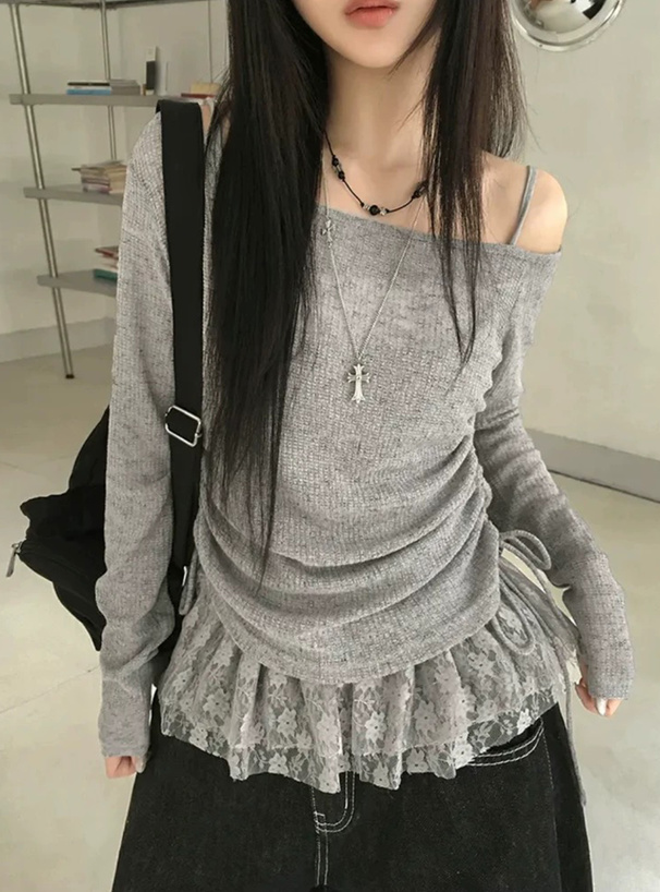 ドロストワンショルダーシアートップス×裾レースキャミソールアンサンブル