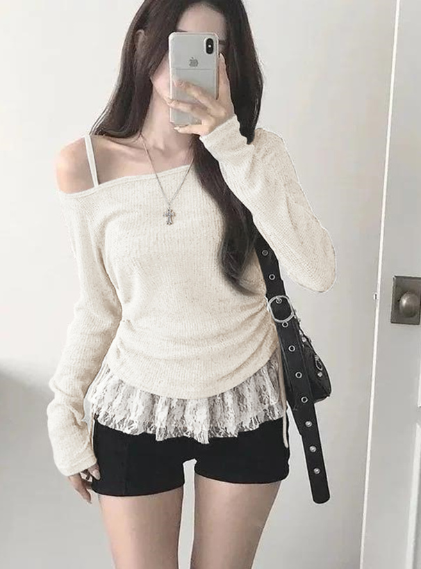 ドロストワンショルダーシアートップス×裾レースキャミソールアンサンブル