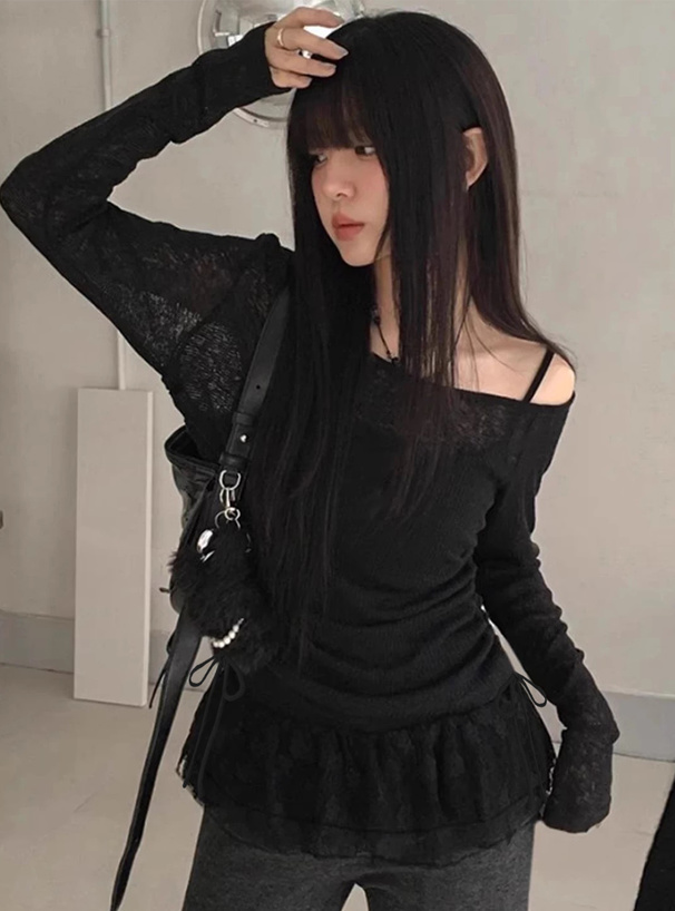 ドロストワンショルダーシアートップス×裾レースキャミソールアンサンブル