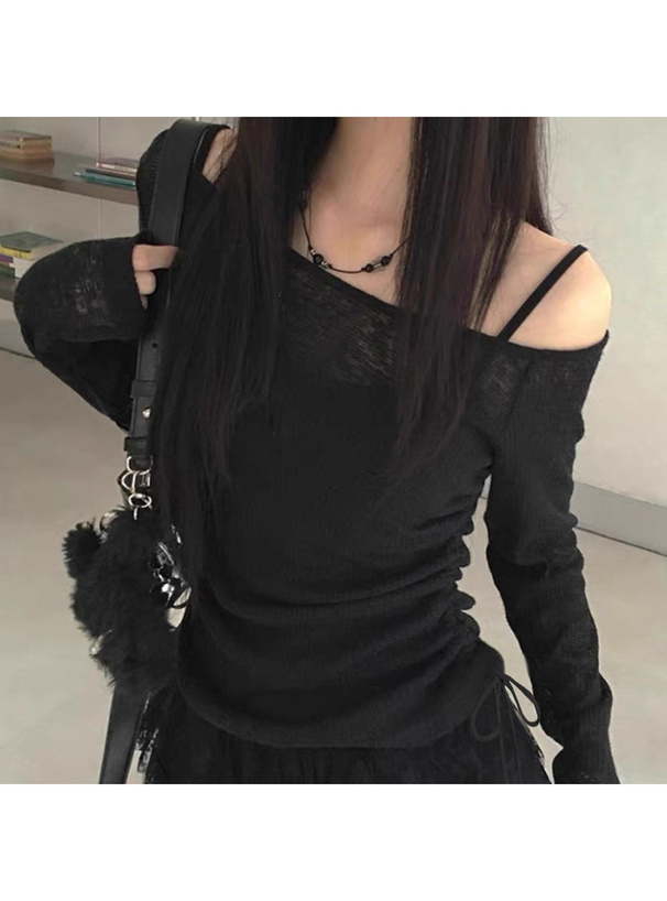 ドロストワンショルダーシアートップス×裾レースキャミソールアンサンブル