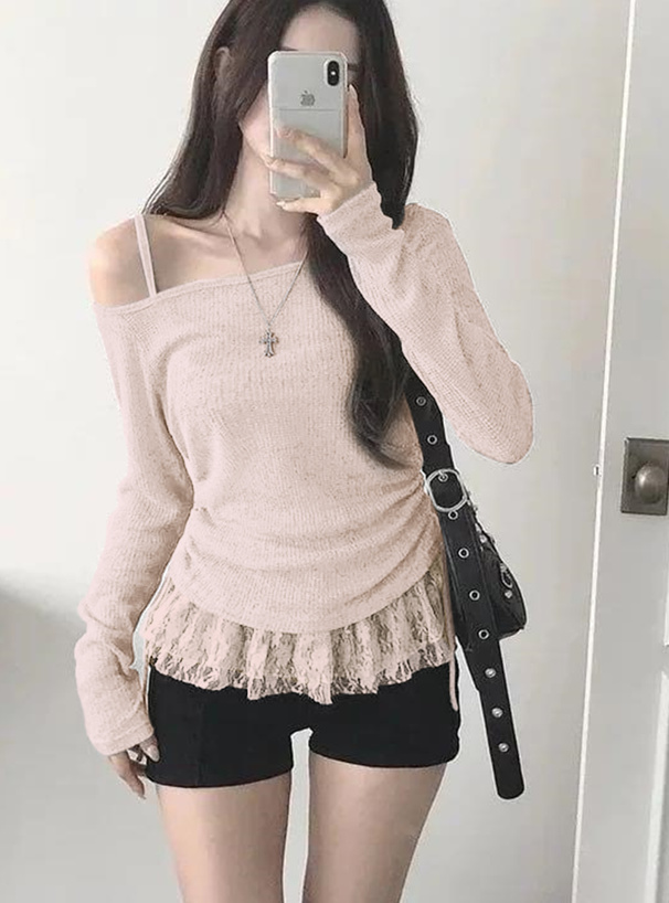 ドロストワンショルダーシアートップス×裾レースキャミソールアンサンブル