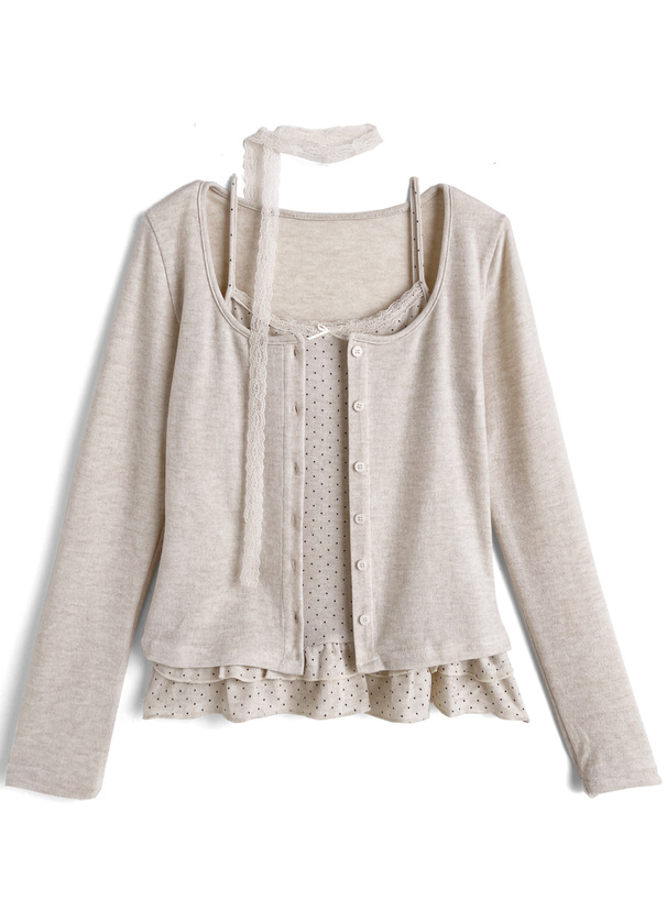 タイ付きドット柄フリルキャミソール×カーディガンアンサンブル[ac2659]