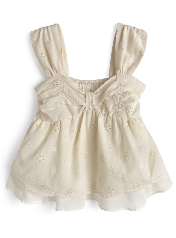 リボンギャザーレースノースリーブブラウス