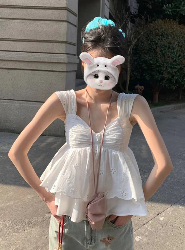 リボンギャザーレースノースリーブブラウス