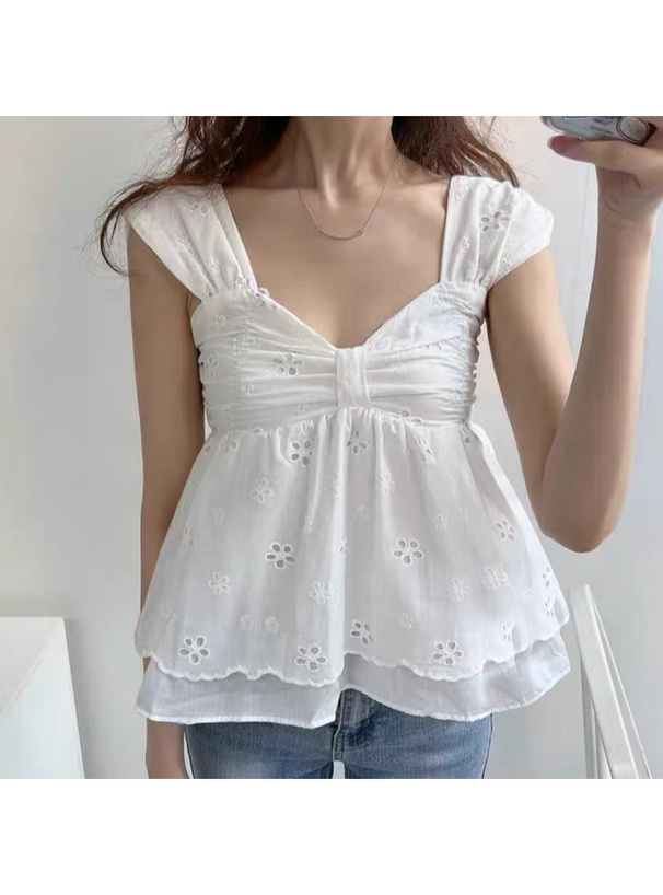 リボンギャザーレースノースリーブブラウス