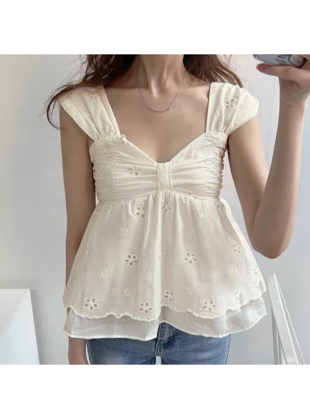 リボンギャザーレースノースリーブブラウス