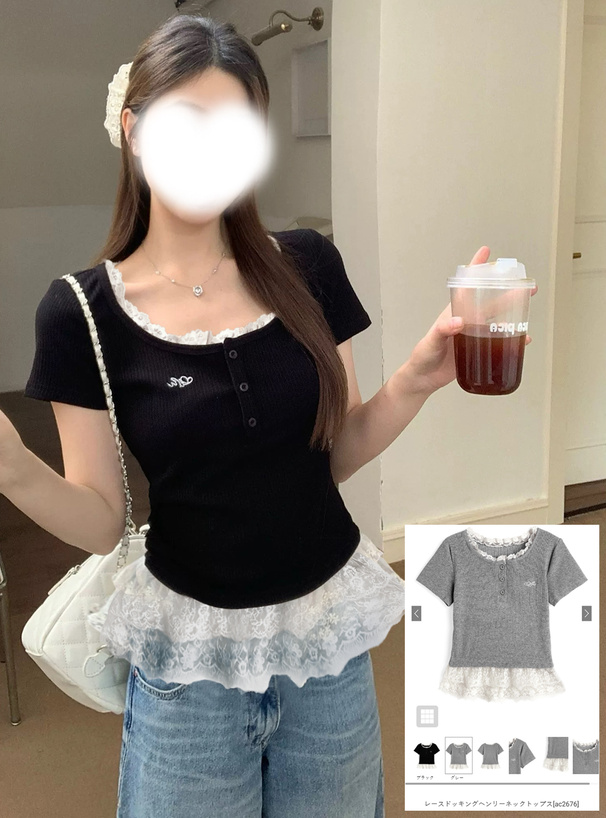 レースドッキングヘンリーネックトップス
