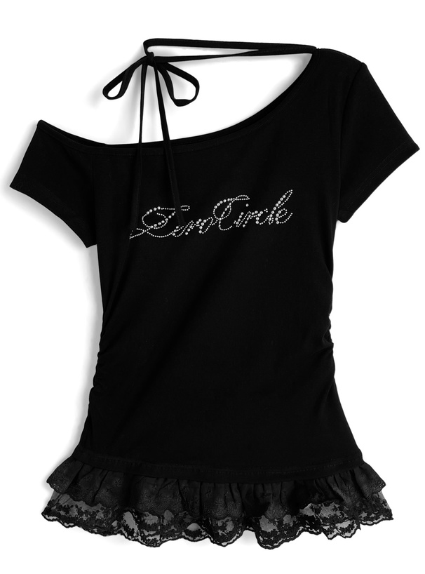 ネックリボンワンショルダースタッズロゴレースドッキングトップス