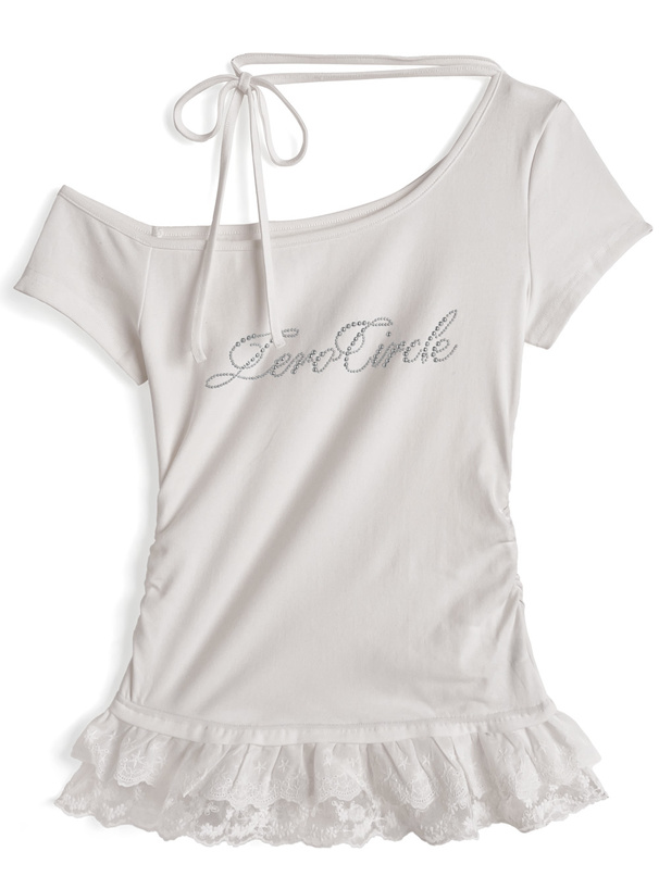 ネックリボンワンショルダースタッズロゴレースドッキングトップス