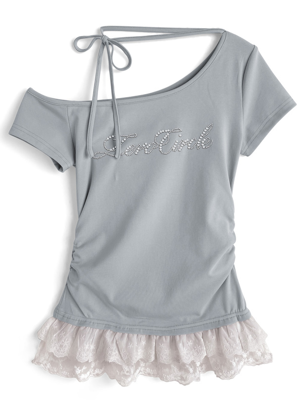 ネックリボンワンショルダースタッズロゴレースドッキングトップス