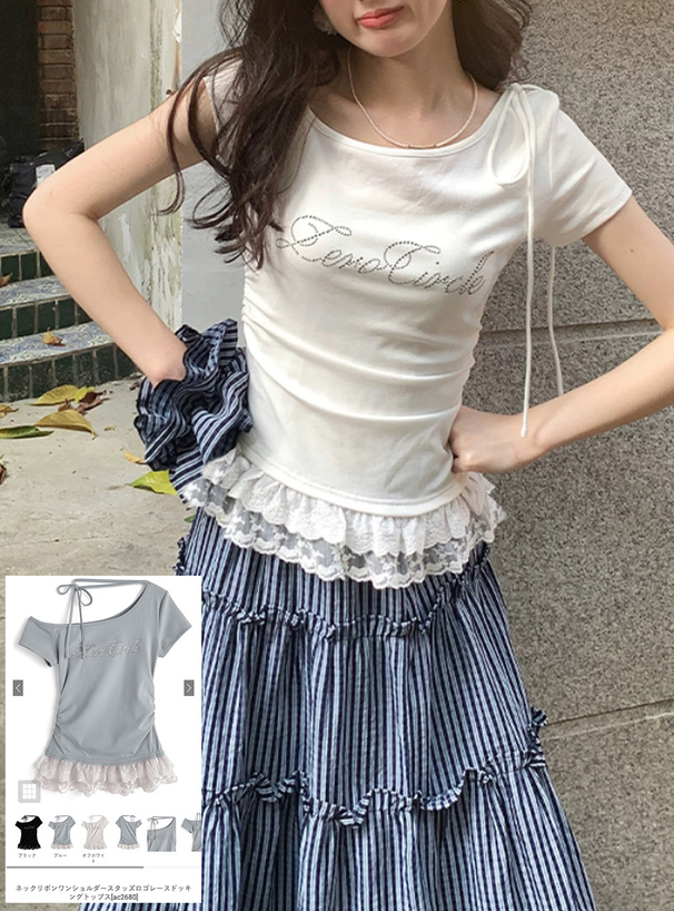 ネックリボンワンショルダースタッズロゴレースドッキングトップス