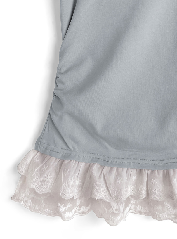 ネックリボンワンショルダースタッズロゴレースドッキングトップス