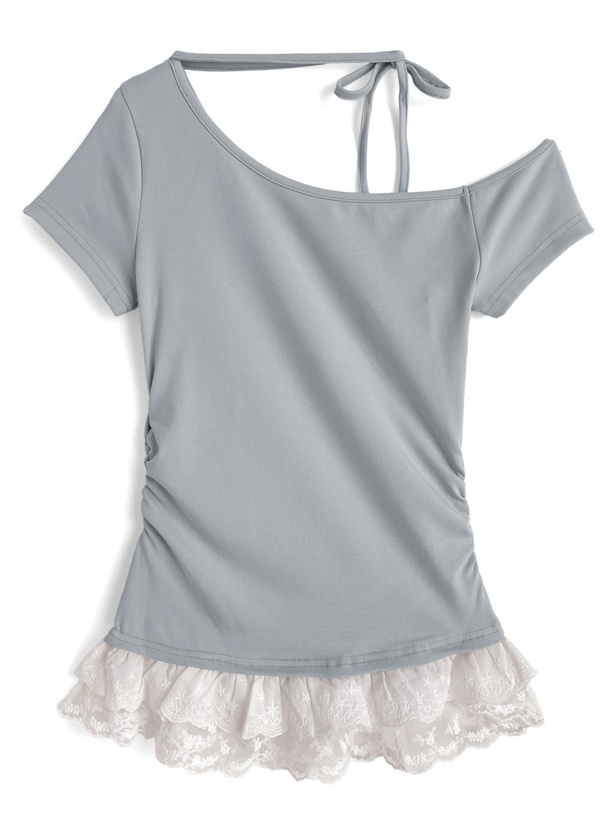 ネックリボンワンショルダースタッズロゴレースドッキングトップス