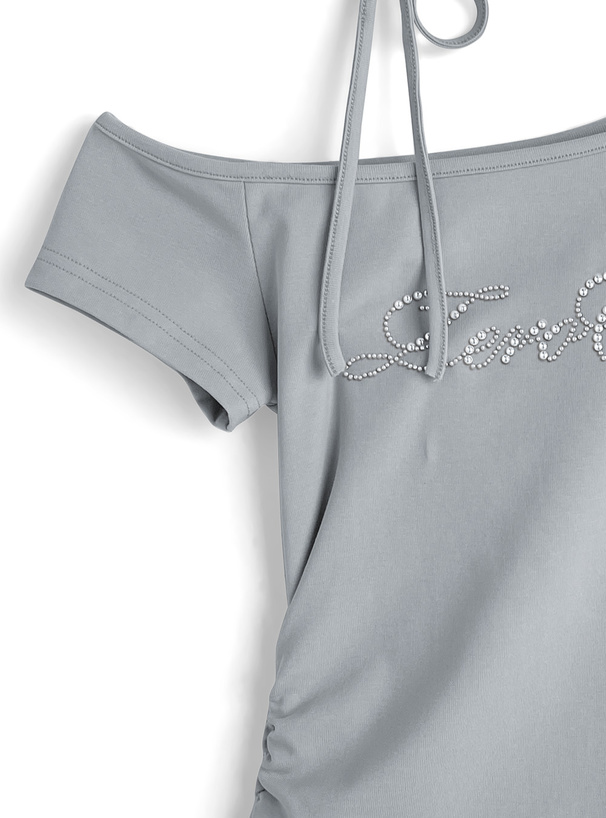 ネックリボンワンショルダースタッズロゴレースドッキングトップス