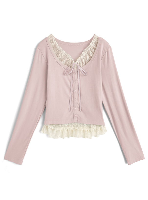 レースレイヤード風リボンカーディガン