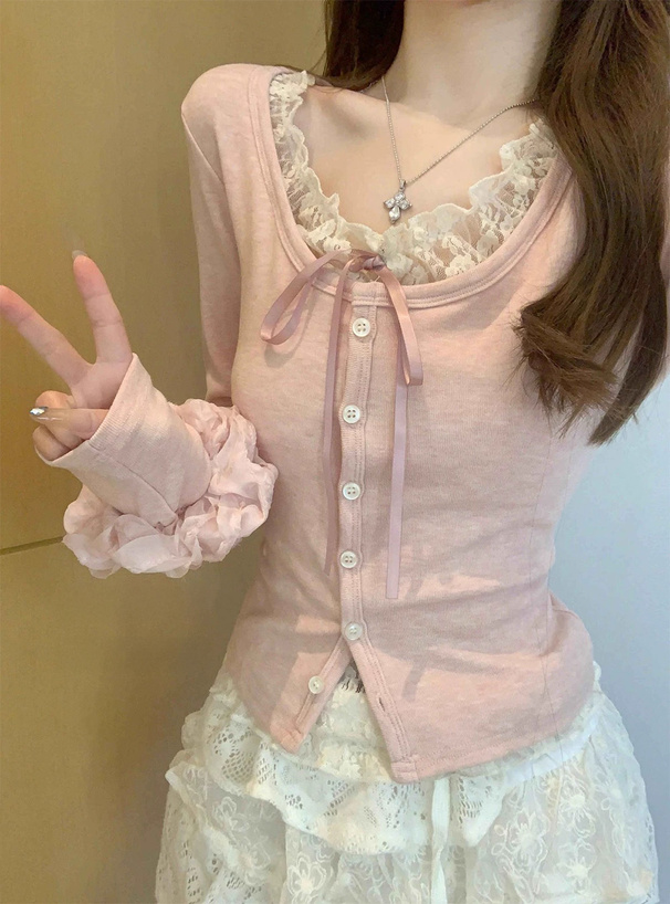 レースレイヤード風リボンカーディガン