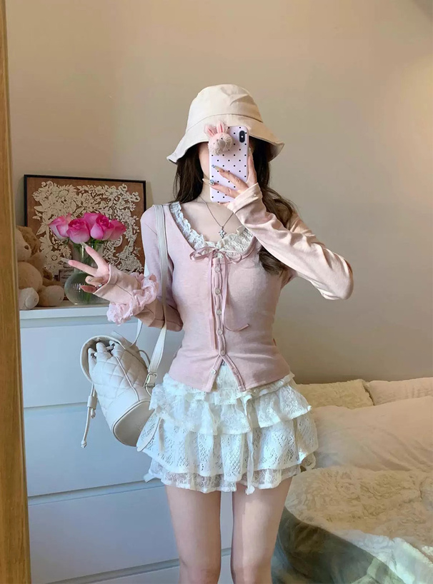 レースレイヤード風リボンカーディガン