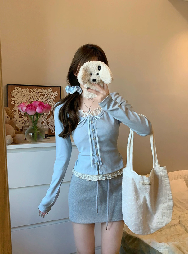 レースレイヤード風リボンカーディガン