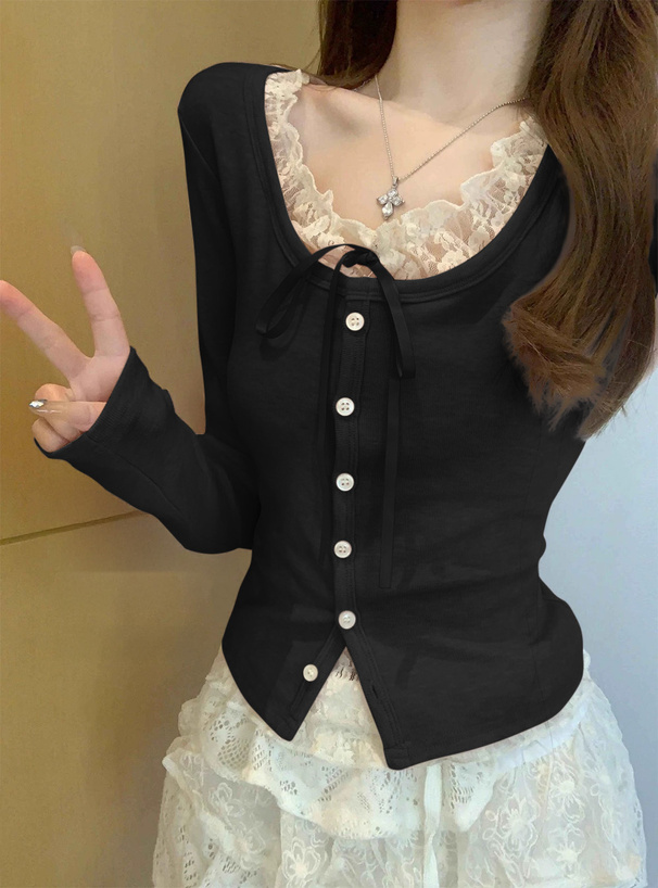 レースレイヤード風リボンカーディガン